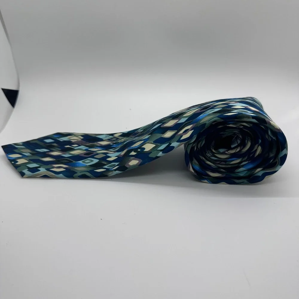J. Garcia Necktie Geometric Diamond Pattern Blue Green Silk‎ Blend